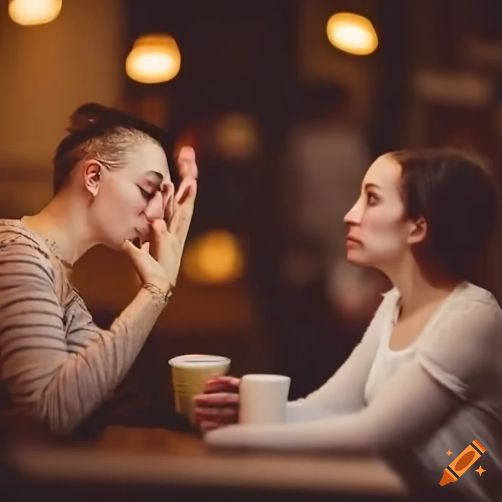 brightly lit cafe with two people having a conversation