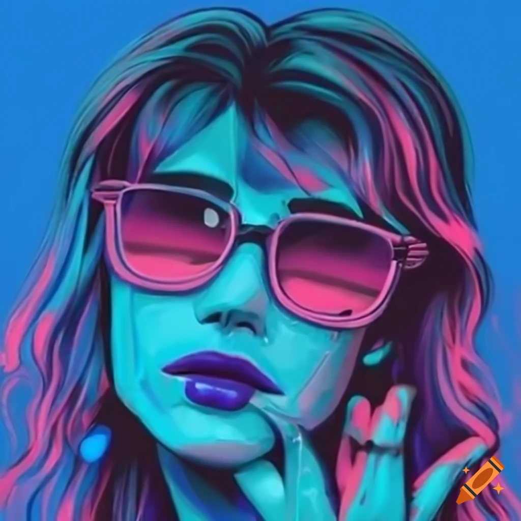 Close up of a woman with blue makeup and sunglasses on Craiyon