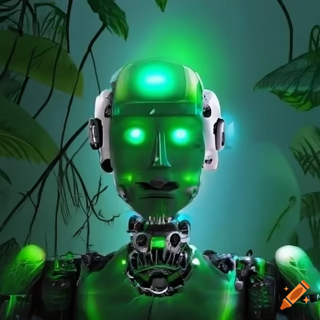 Robot with green laser eyes in tropical forest on Craiyon