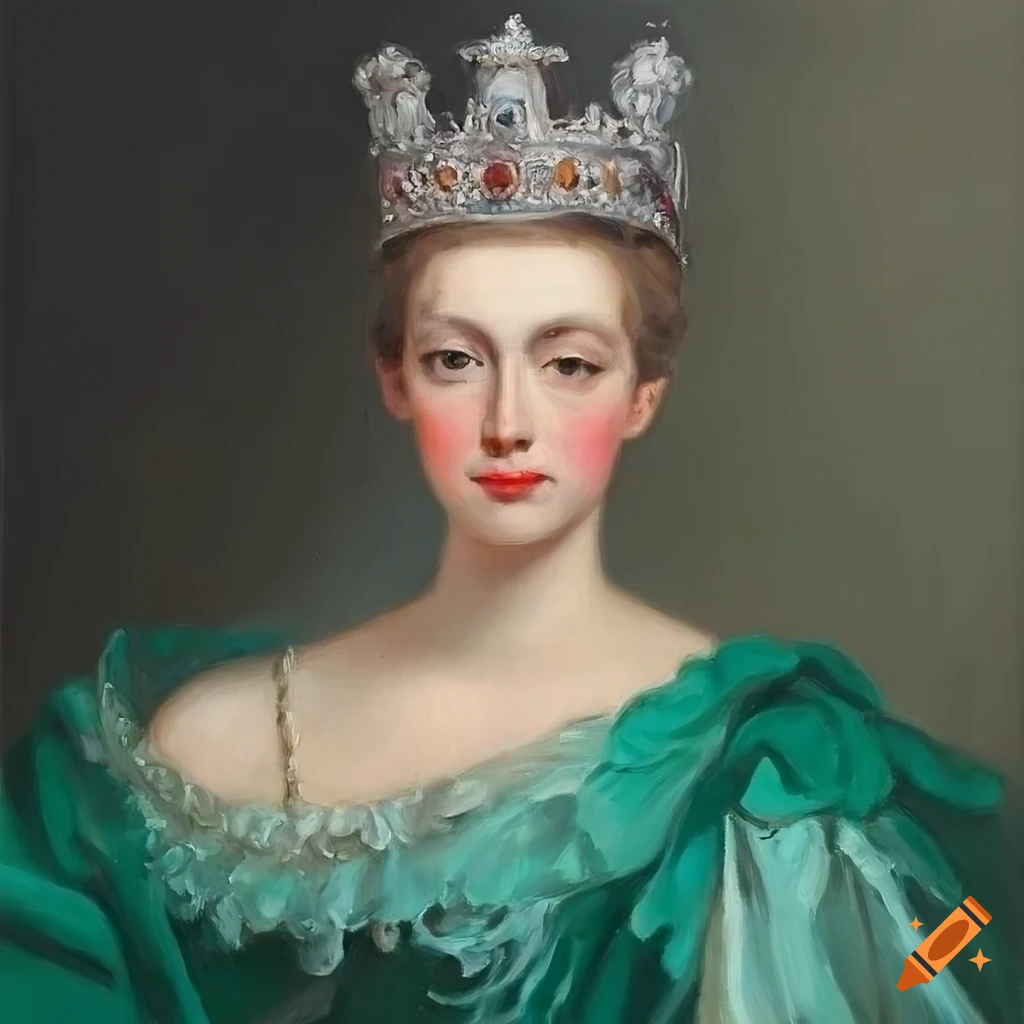 Portrait of a queen in green ball gown and crown