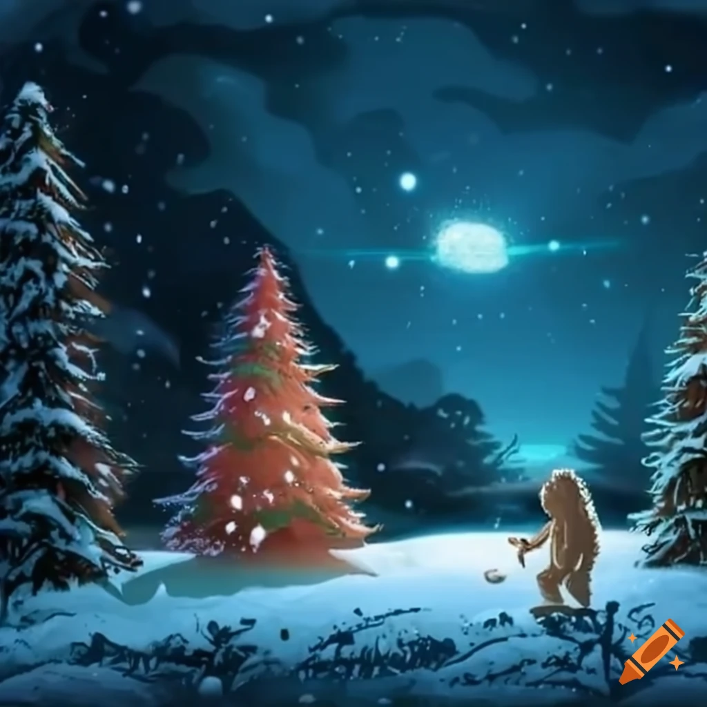 Christmas scene with UFOs, aliens, and cryptids