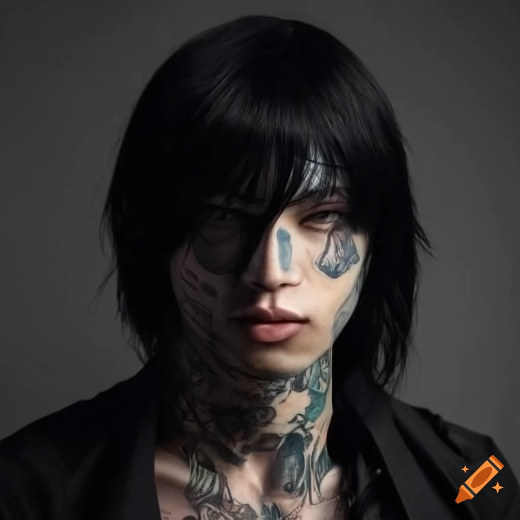 handsome young man with tattoos and long black hair