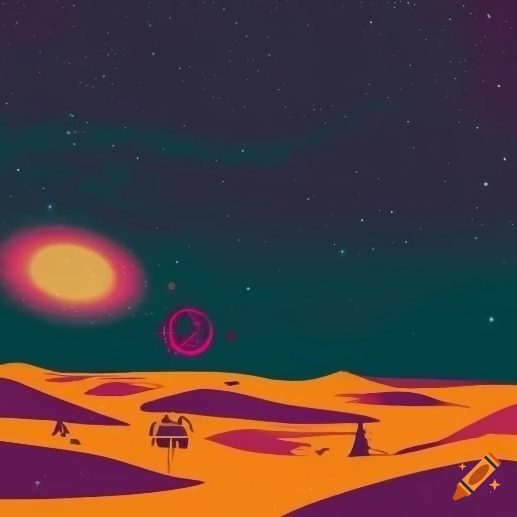 retro travel poster of a desert under starry night