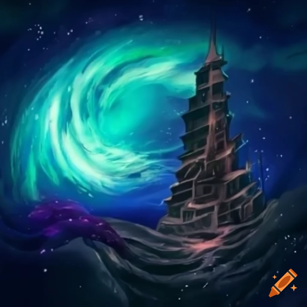 Anime style Tower Of Babel Surrounded By Roses And Stars anime-style-tower-of-babel-surrounded-by-roses-and-stars