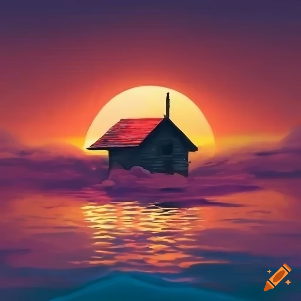 artwork of a floating cottage at sunset