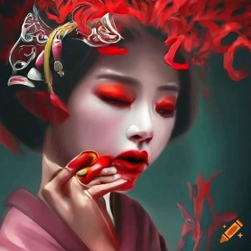 Geisha girl wearing an oni mask with red lycoris flowers