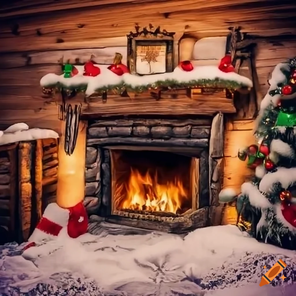 cozy winter scene with a fireplace and Christmas decorations