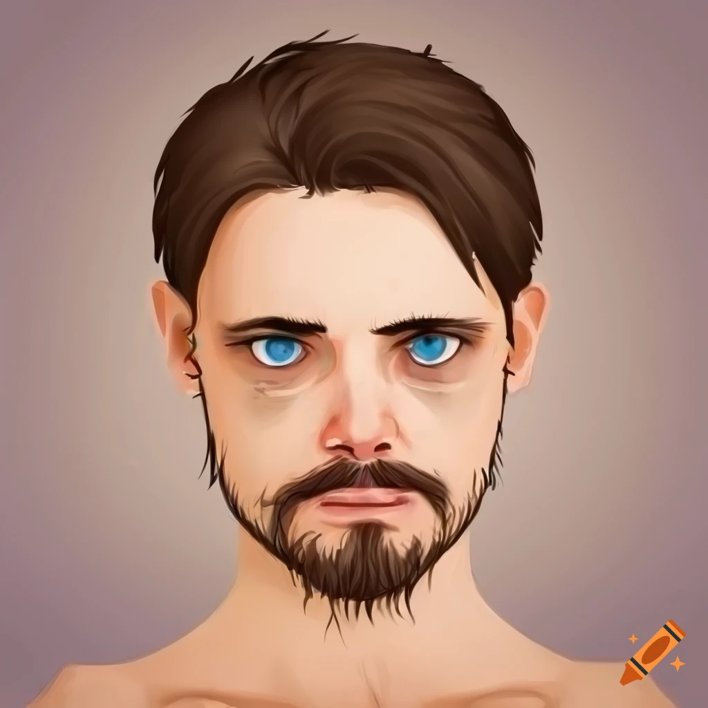 Illustration of a bearded man with blue eyes and messy hair on Craiyon