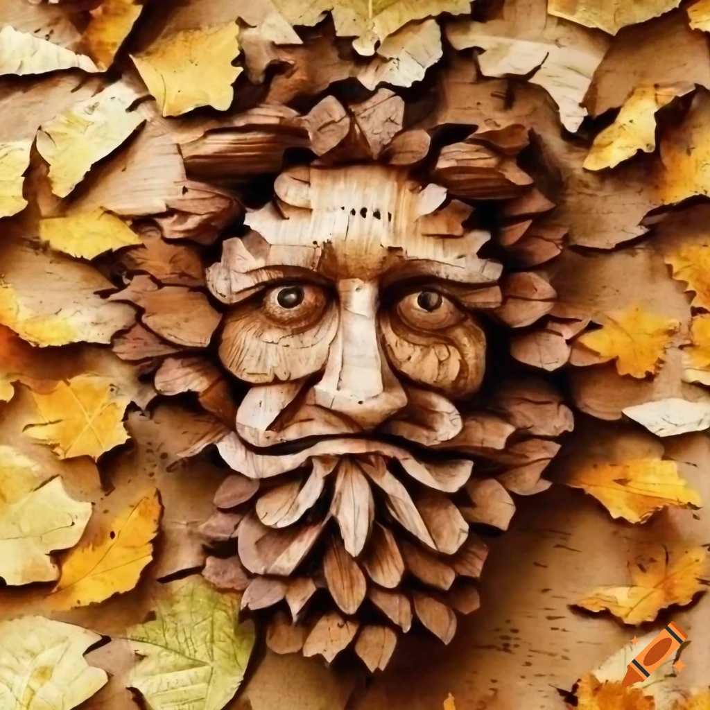 Detailed birch wood carving of a green man on Craiyon
