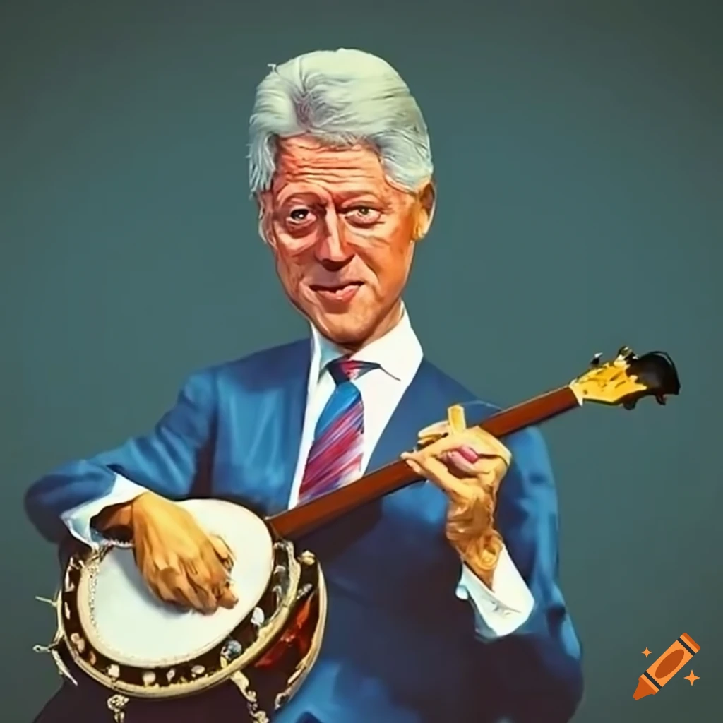 quirky artwork of Bill Clinton playing banjo in Oval Office