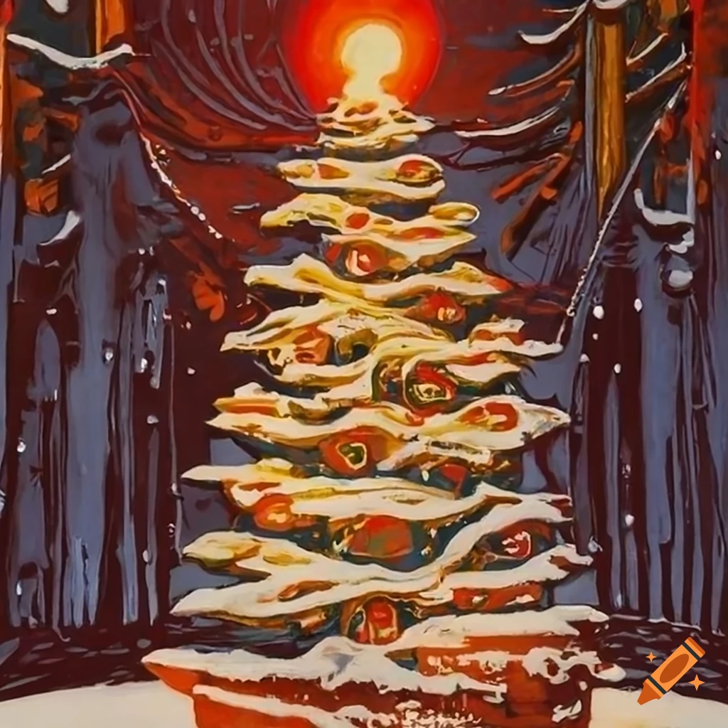 color linocut of a decorated Christmas tree in a winter wonderland