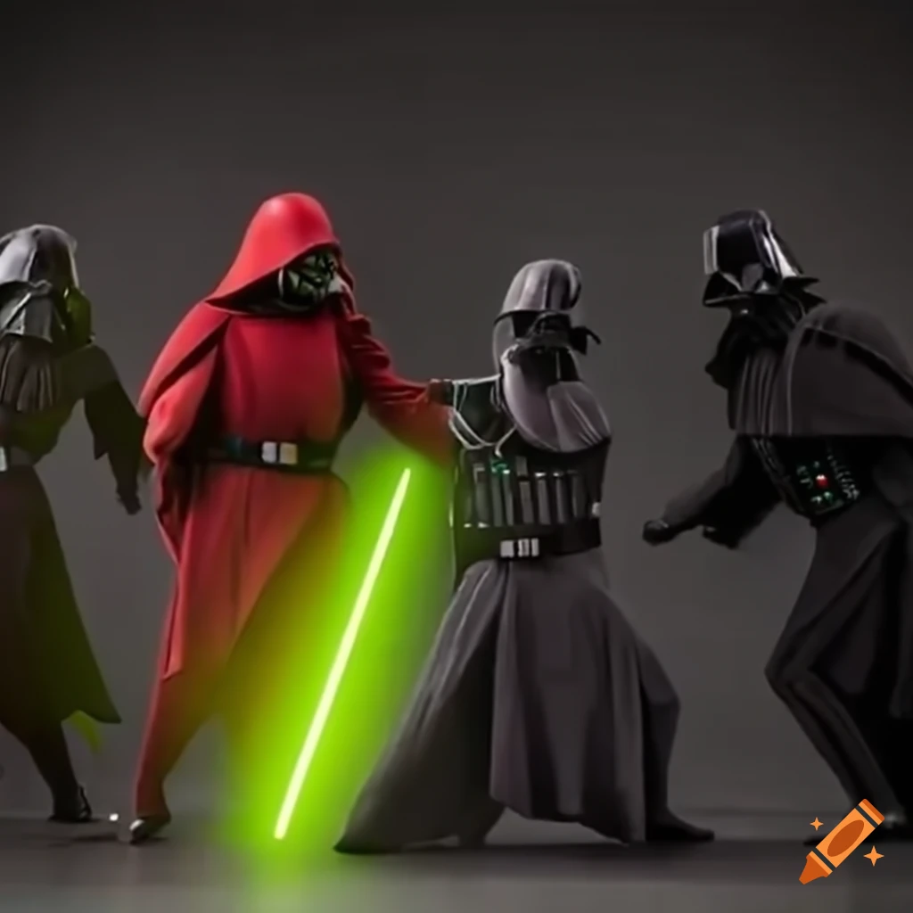 Colorful jedi warriors fighting against darth vader on Craiyon