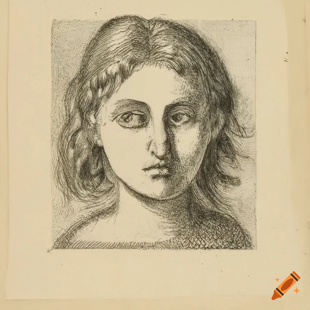 Etching of a young woman s headshot