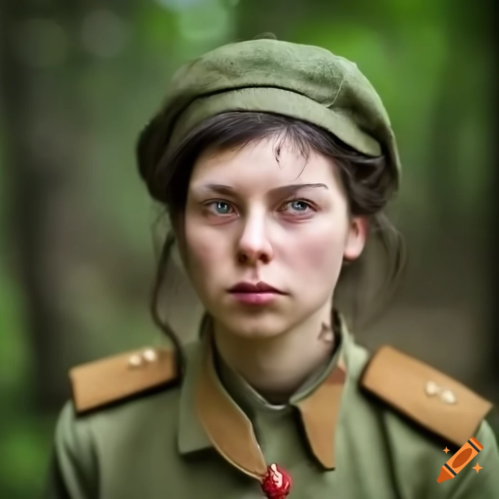 portrait of a stern-faced female Soviet soldier