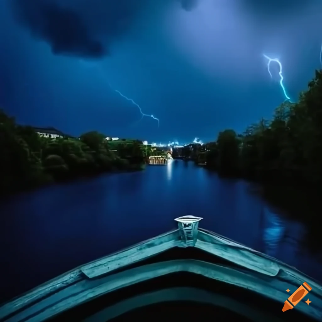View from a boat during a city thunderstorm on Craiyon