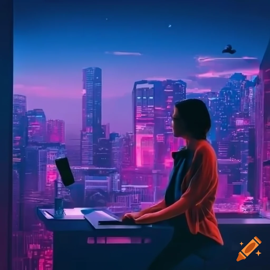 woman working in high-tech home office with city view