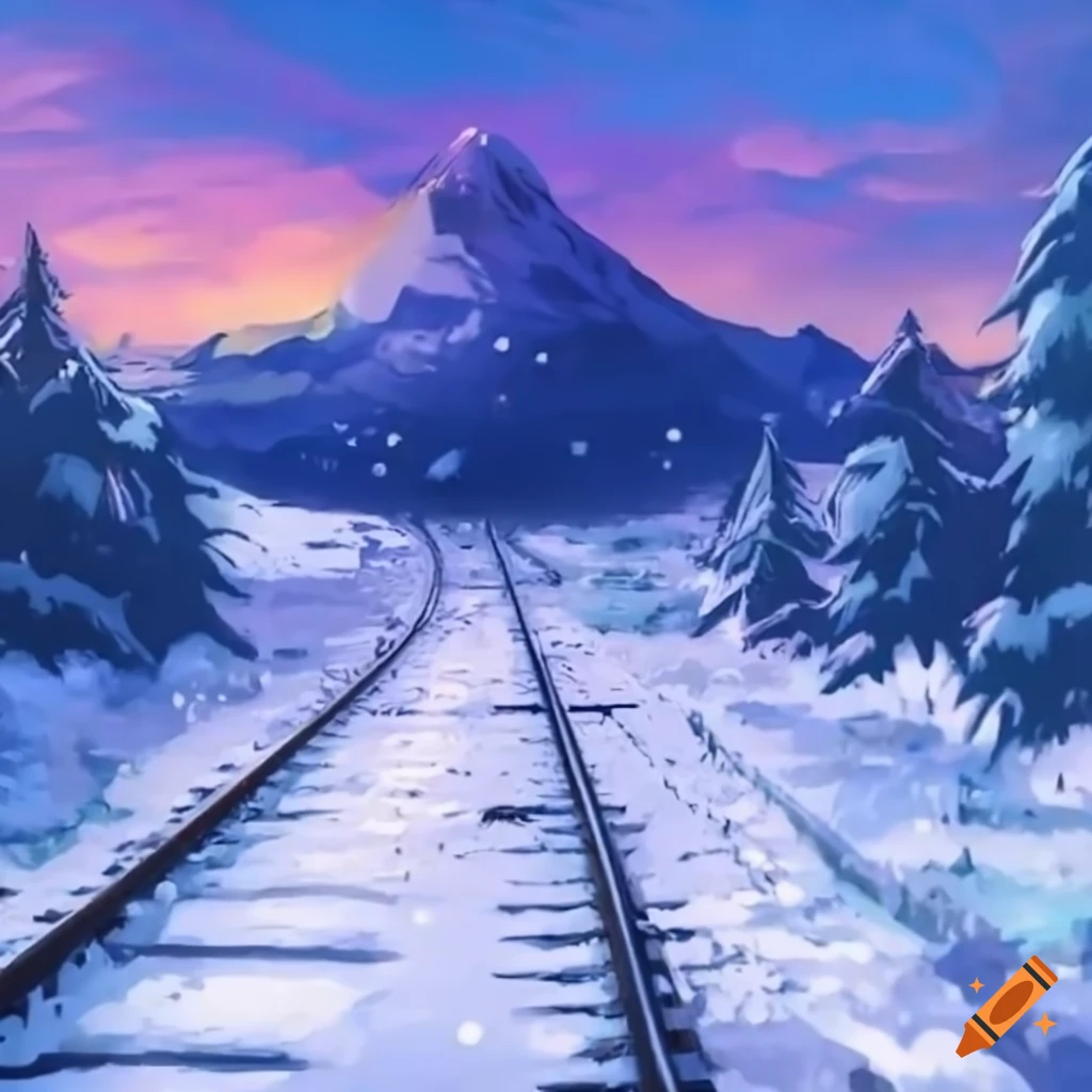 anime snowy landscape with railroad