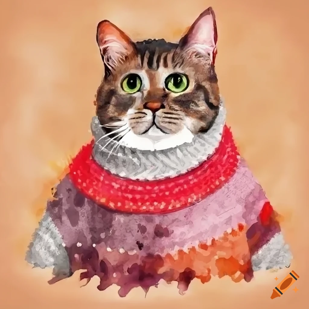 Watercolor painting of a cat in a sweater on Craiyon