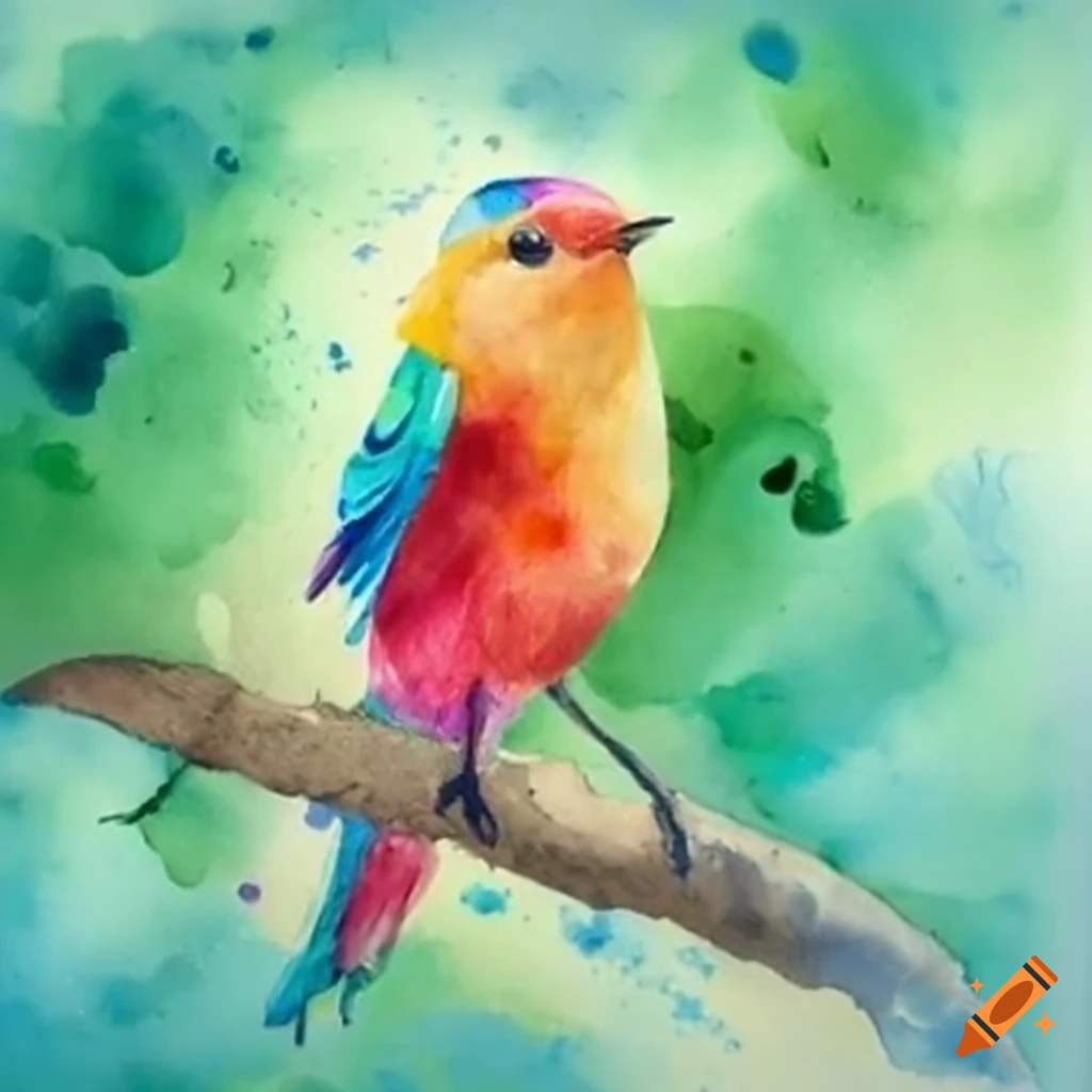 Watercolor painting of a small bird on a tree branch on Craiyon