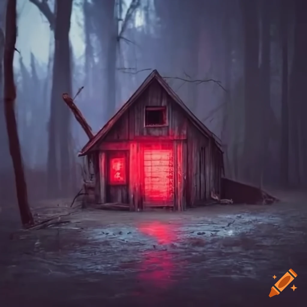 eerie red light shining from old shack in the woods