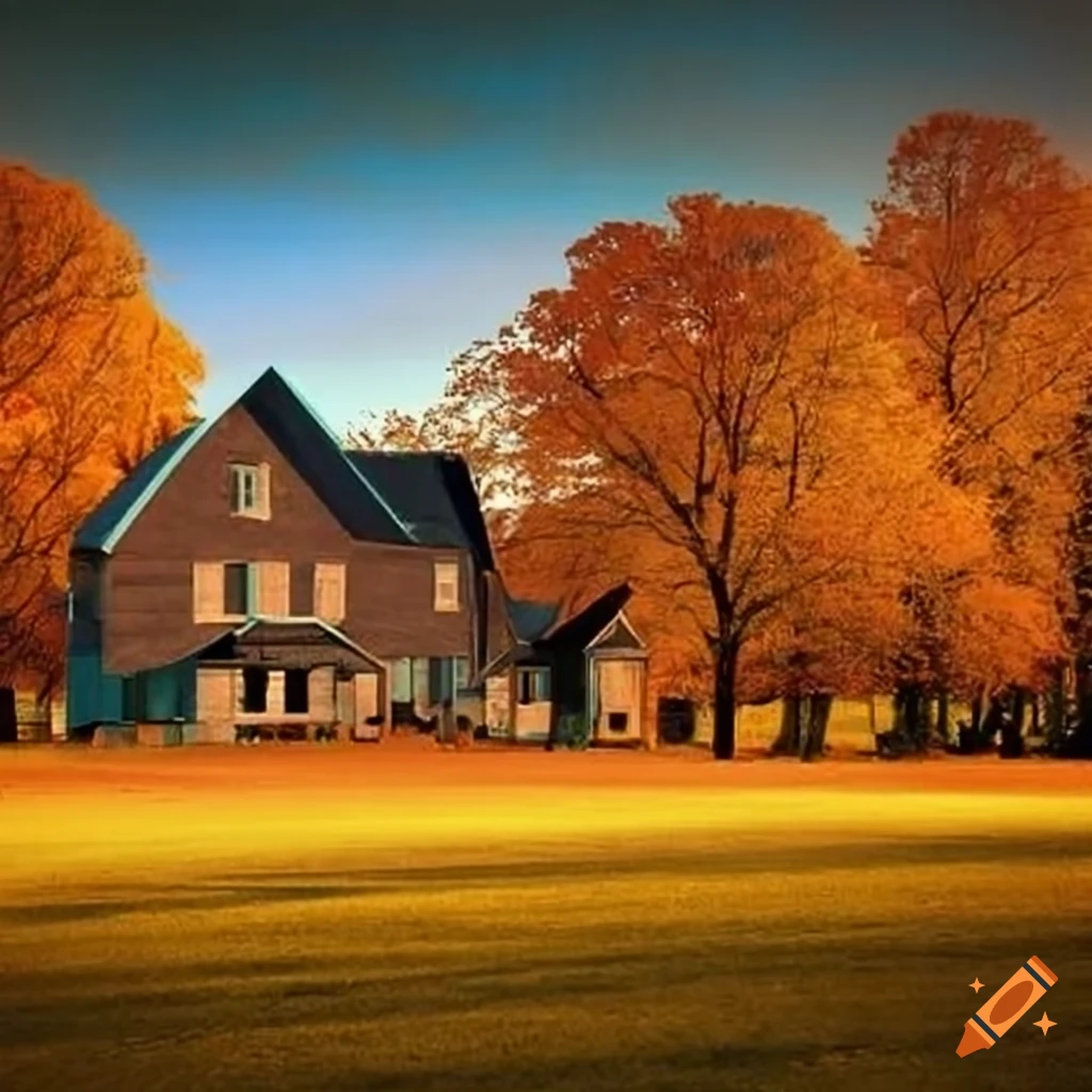 pop art farmhouse during autumn with colorful leaves
