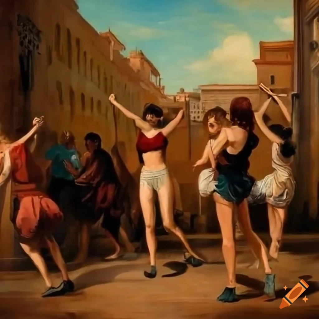 costumbrismo style painting of people dancing to tiktok in public