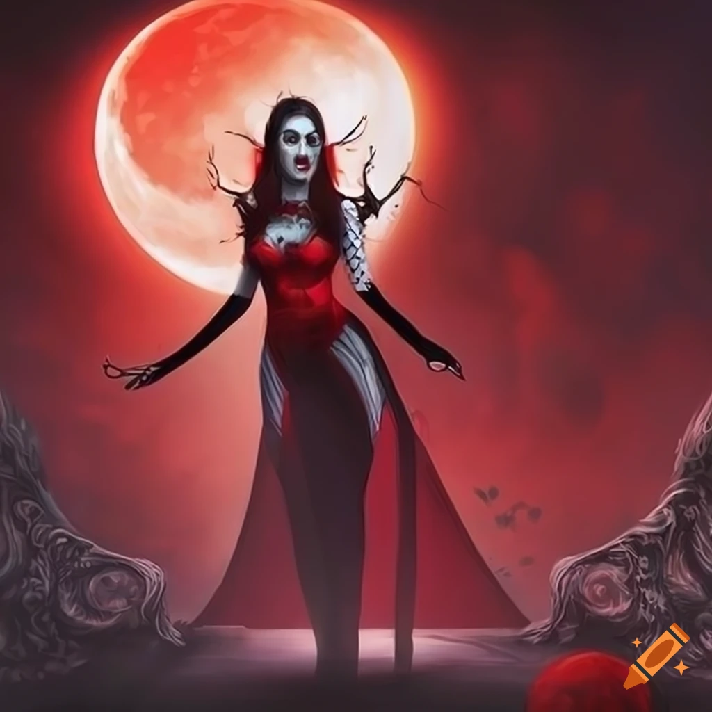 Mysterious vampire lady standing in front of a blood red moon on Craiyon