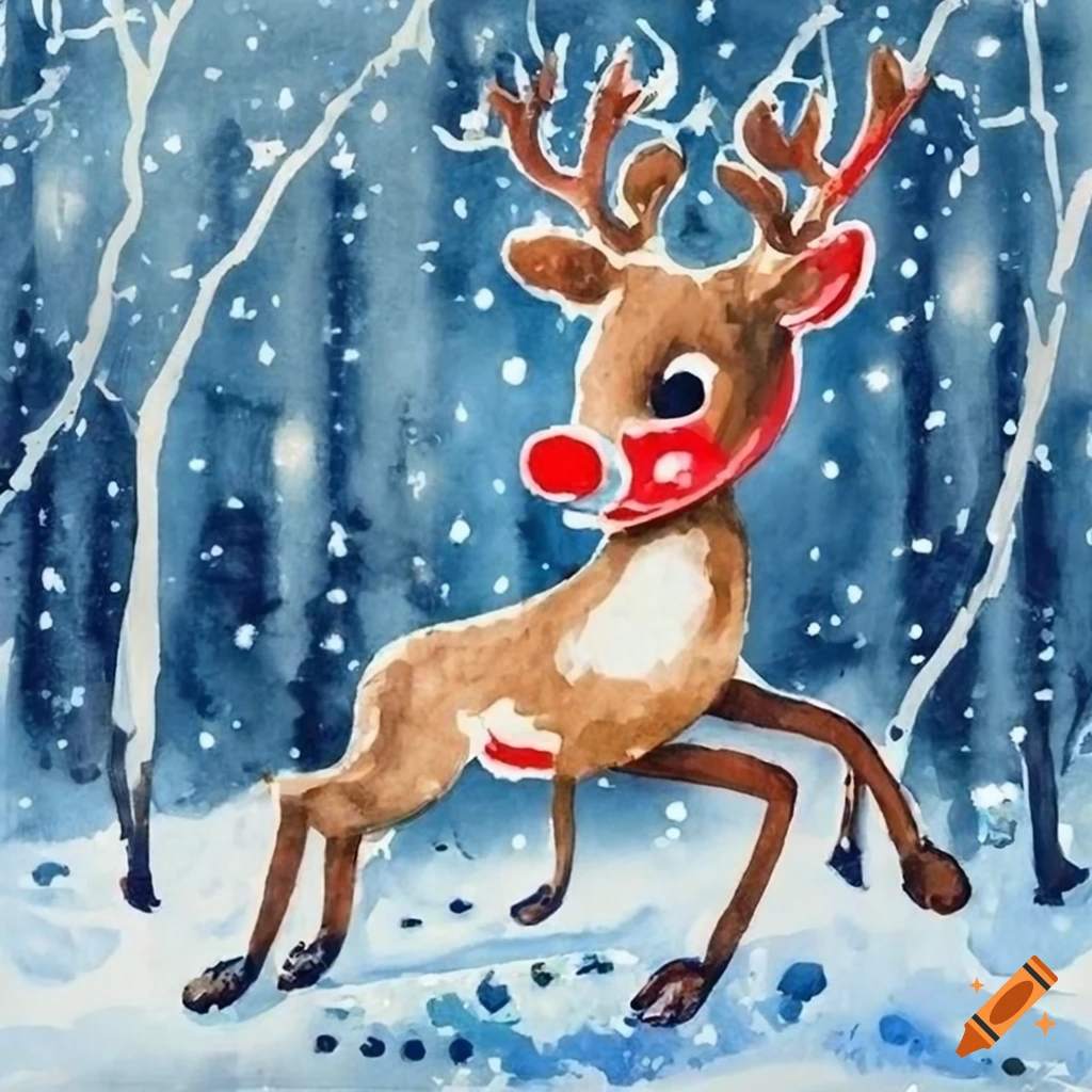 watercolor Soviet Christmas card with Rudolph in snowy forest