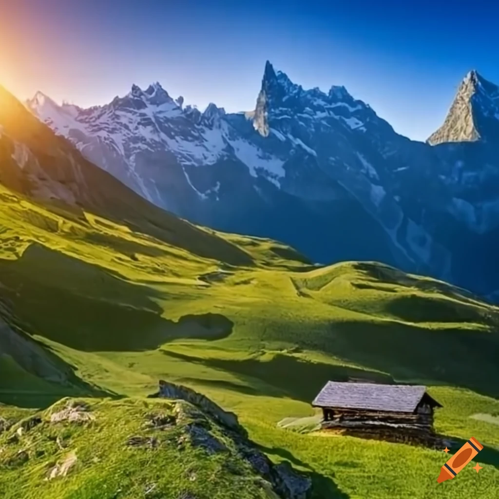 Colorful landscape of the alps with an alpine hut