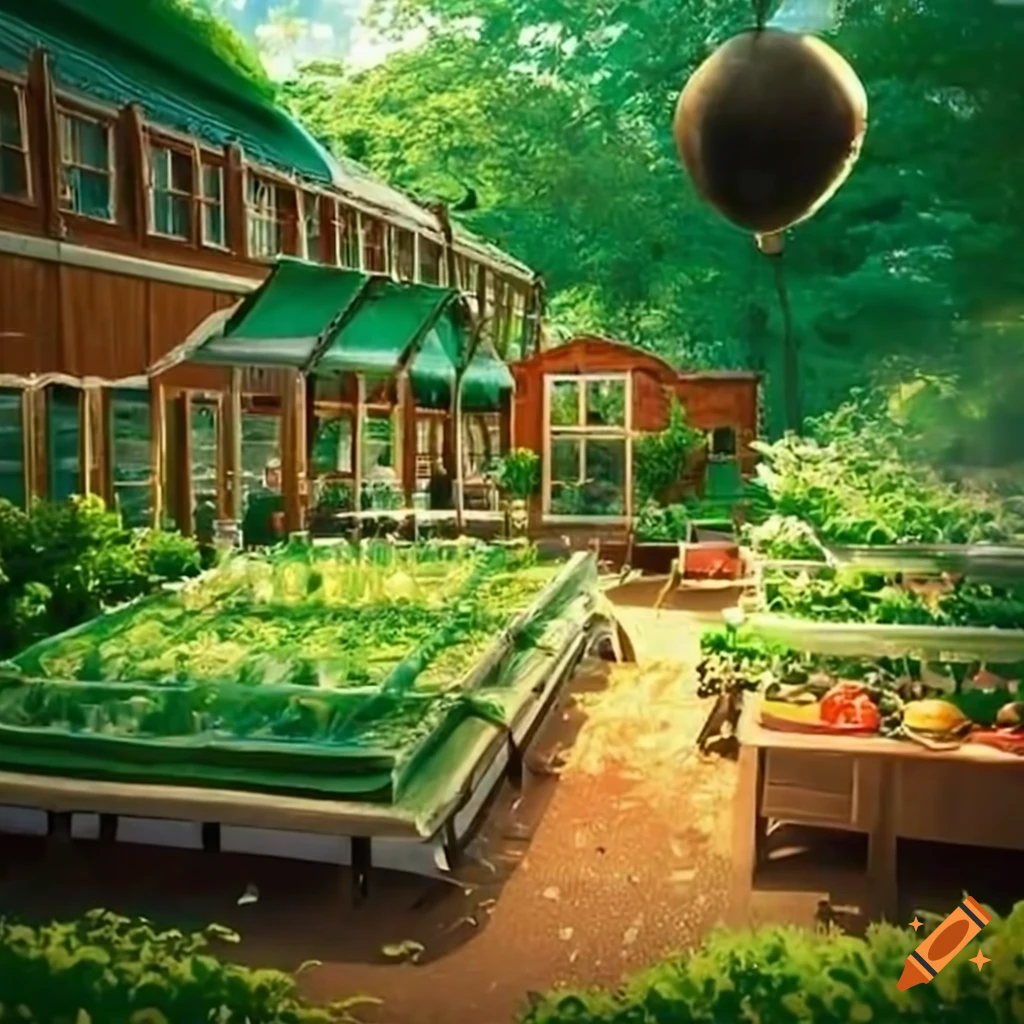 Restaurant with a vegetable and fruit garden on Craiyon