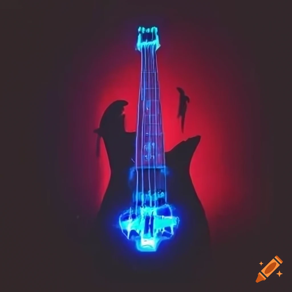 surrealistic metal album cover with ghostly glowing bass guitar