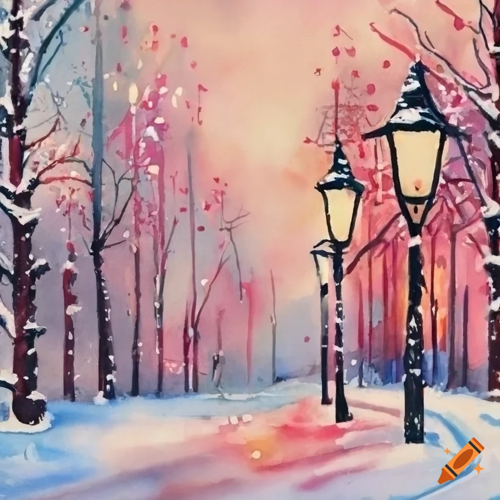 watercolor Christmas card with candy cane lights and winter trees