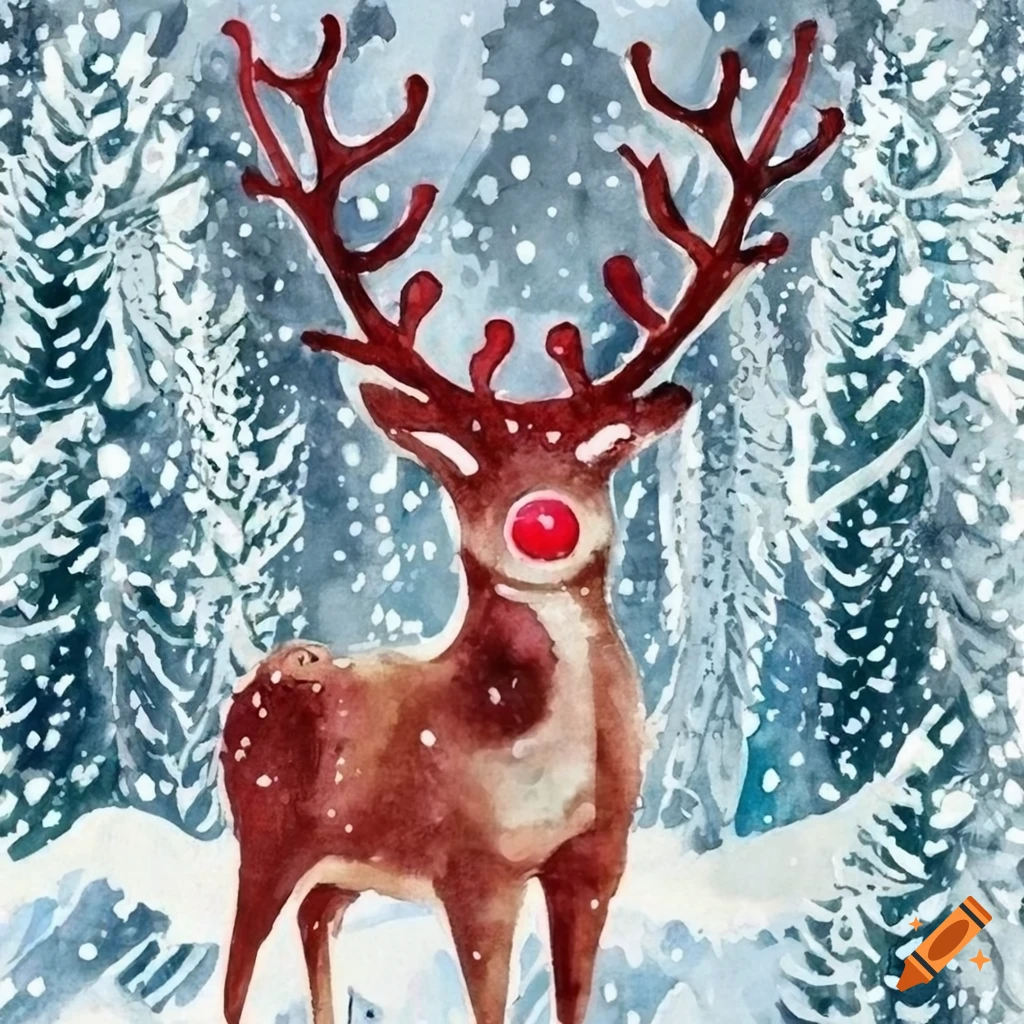 watercolor Christmas card with a reindeer in a snowy forest