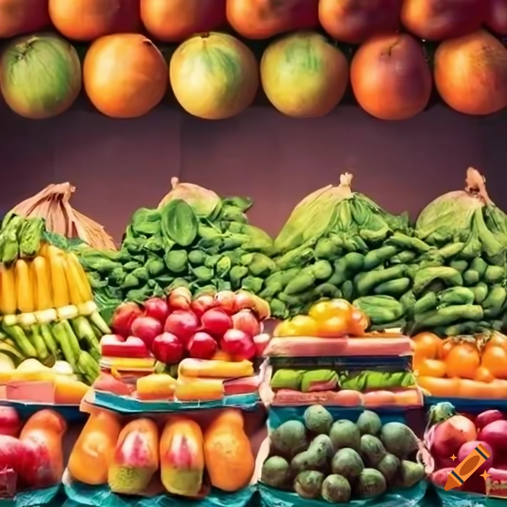 Fruit and vegetable market stall background on Craiyon