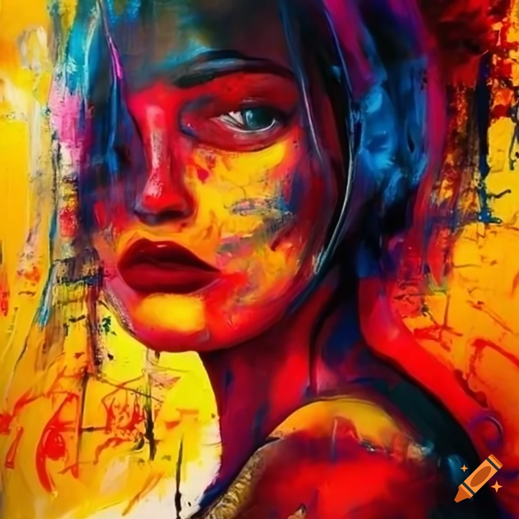 Abstract knife painting of a woman s face with elements of fire and