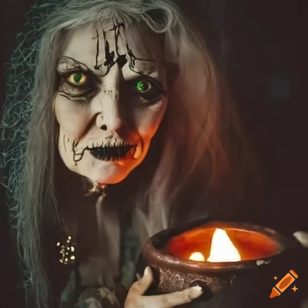 image of an old witch with a potion book and cauldron