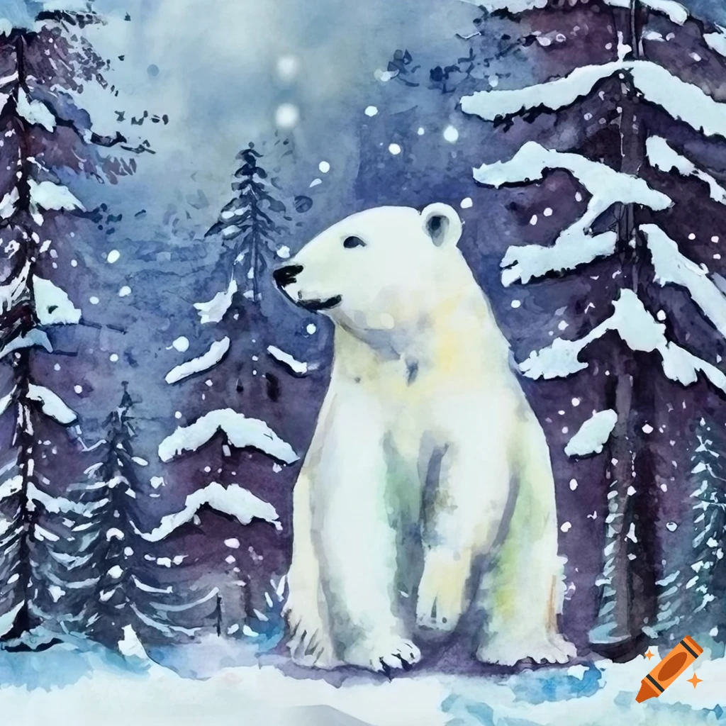 Watercolor christmas card with a cute polar bear in a snowy forest on ...