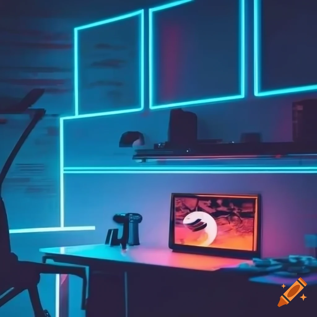 Hi-tech gamer in neon-lit coffee shop on Craiyon