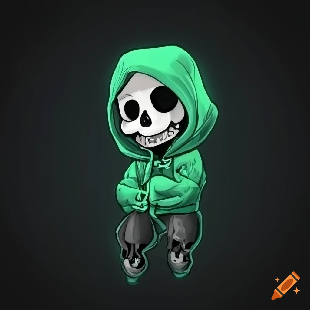 Chibi skeleton wearing a dark green hoodie on Craiyon