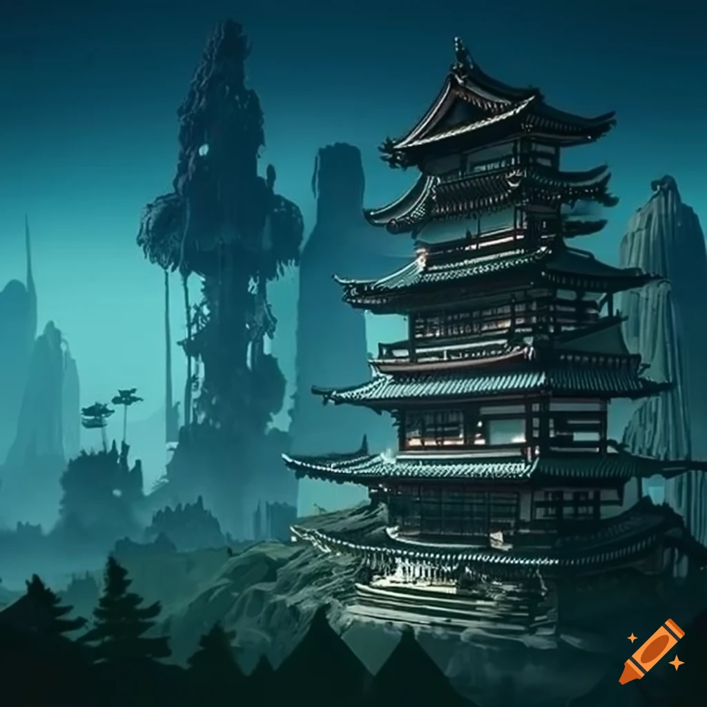 Japanese sci-fi jungle planet with traditional buildings