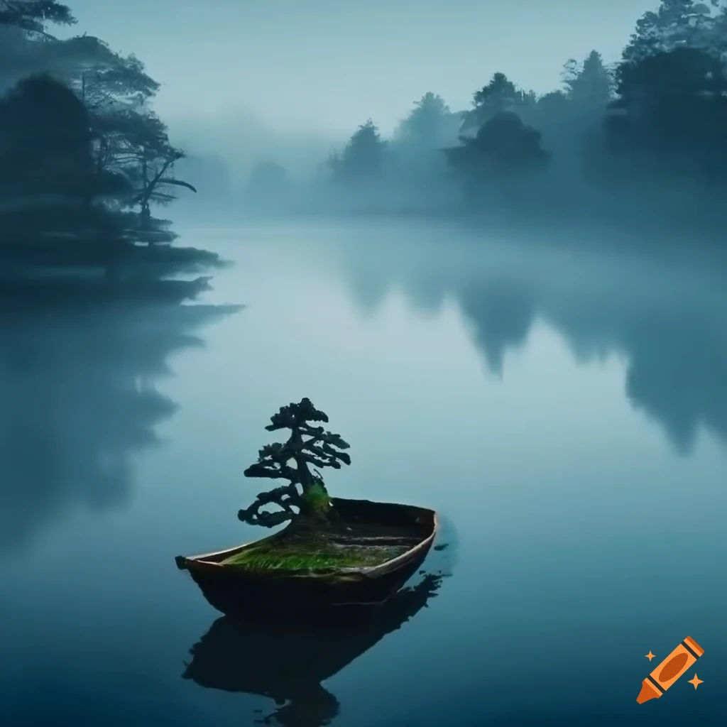 Japanese sumie style painting of bonsai trees and fisherman in boat