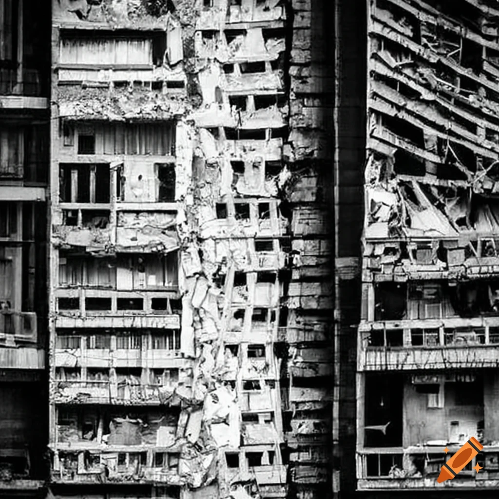 Digital artwork of a collapsing sentient building on Craiyon