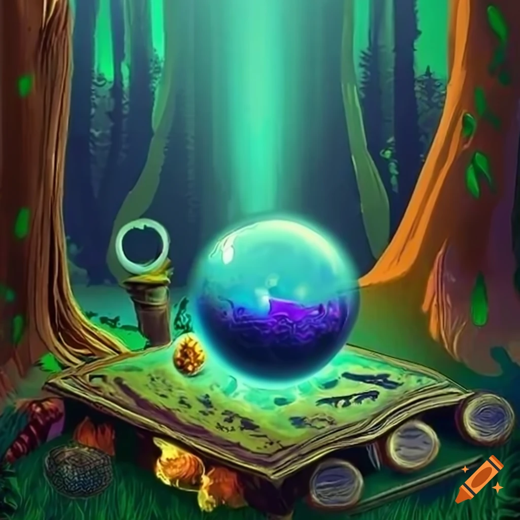 Design of a mystical forest clearing with a bubbling cauldron on Craiyon