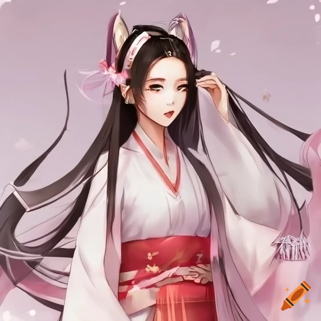 anime character in traditional Chinese clothes with fox ears