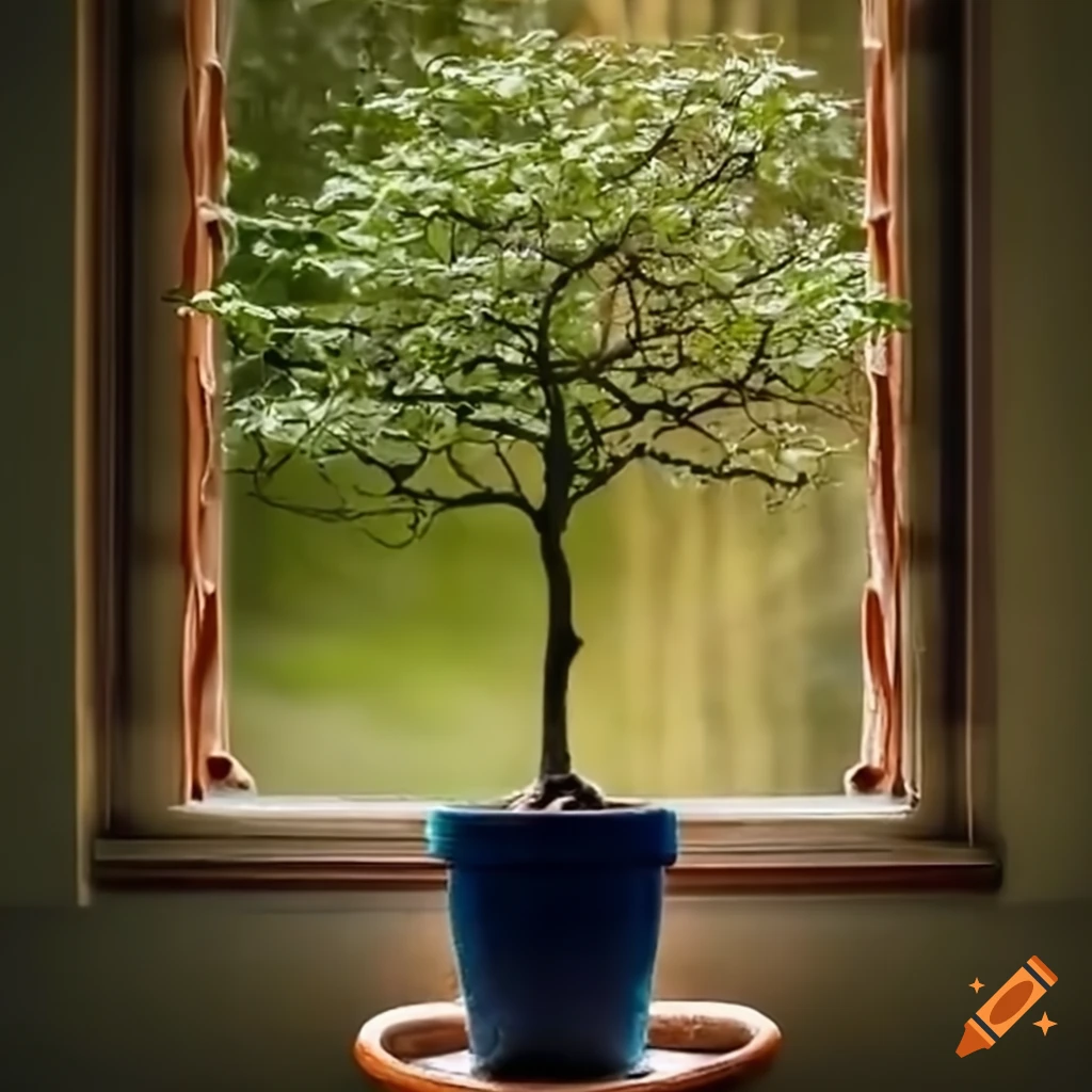 potted tree on a window sill