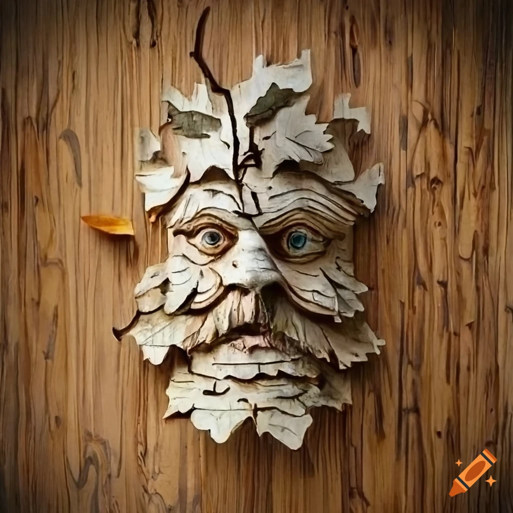 Elaborate birch wood carving of a green man on Craiyon
