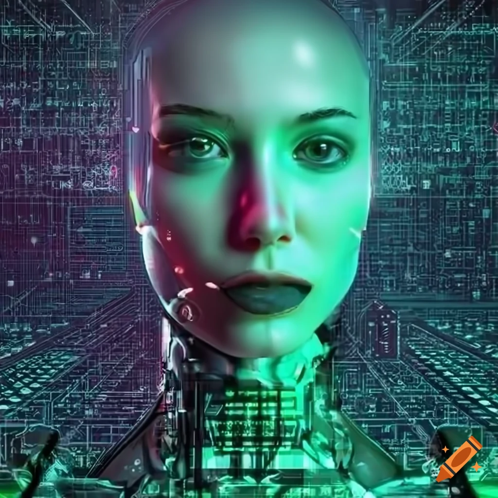 Futuristic illustration of a playful female computer ai face on Craiyon