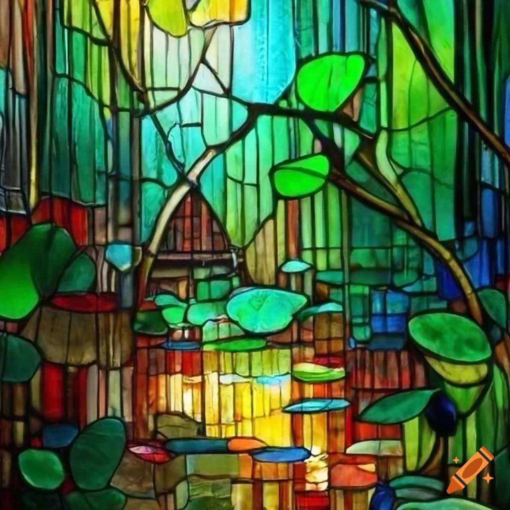 rainy jungle stained glass panel