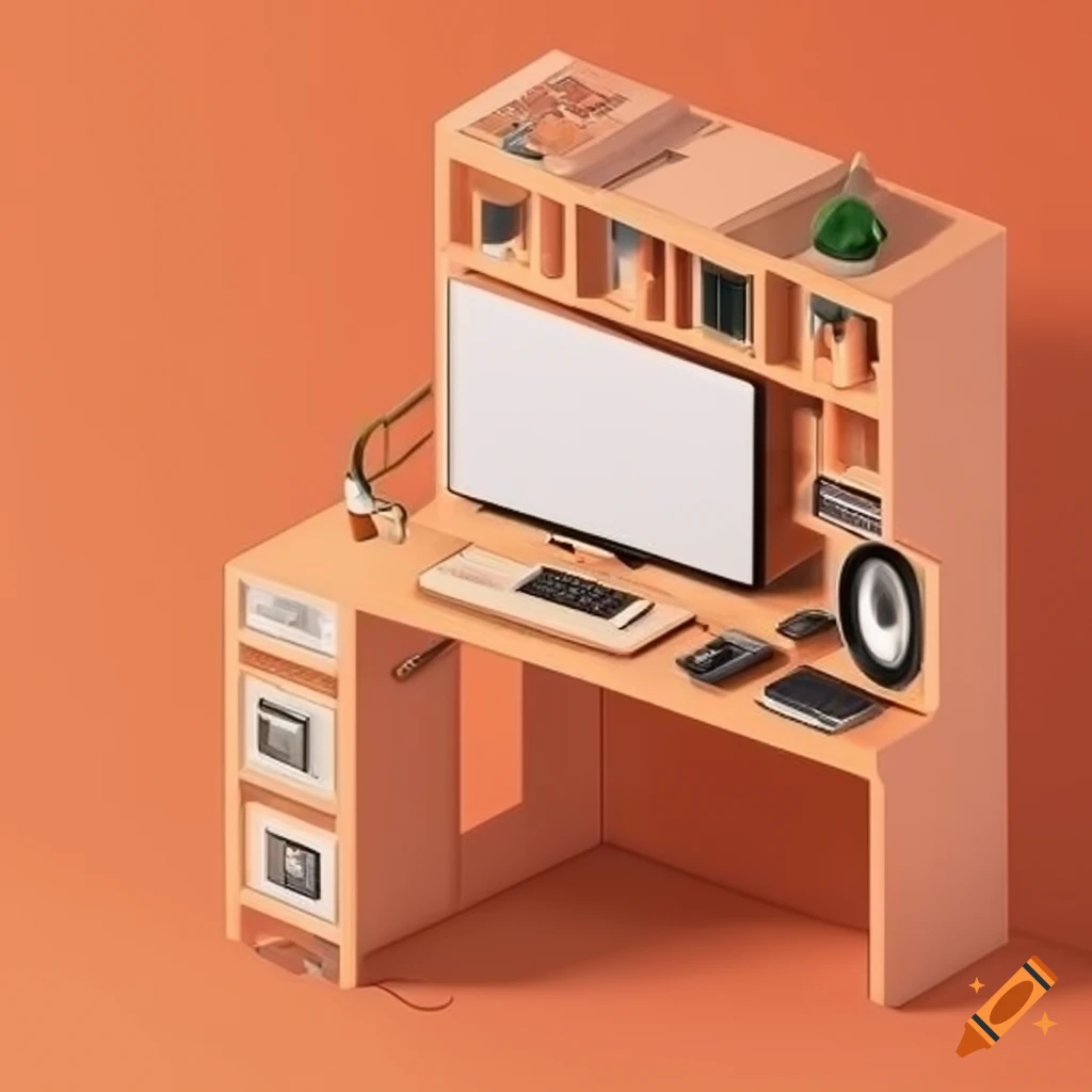 isometric cozy cube room with desk, laptop, and music keyboard
