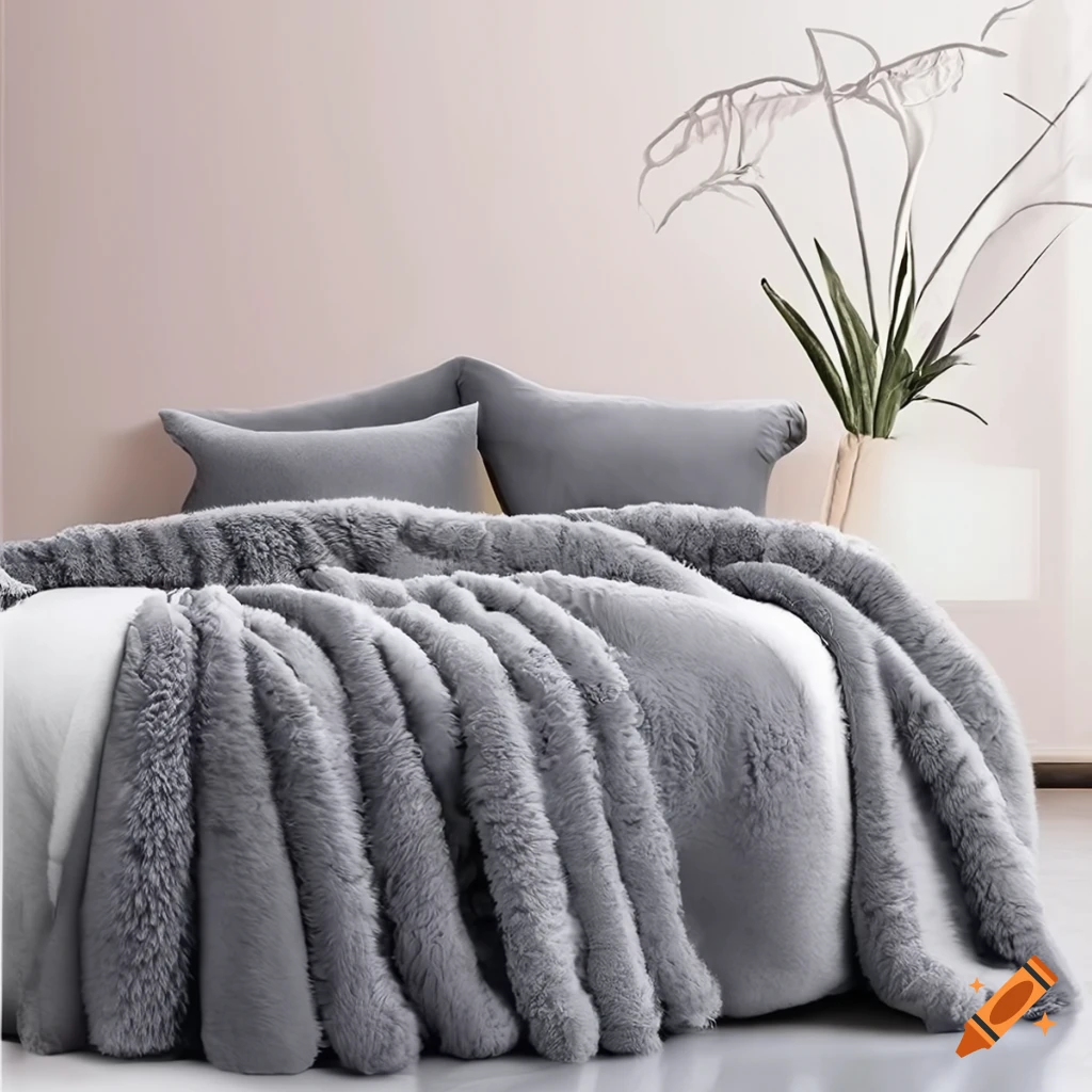 Product photo of a modern and cozy bedroom with grey fluffy bedding on